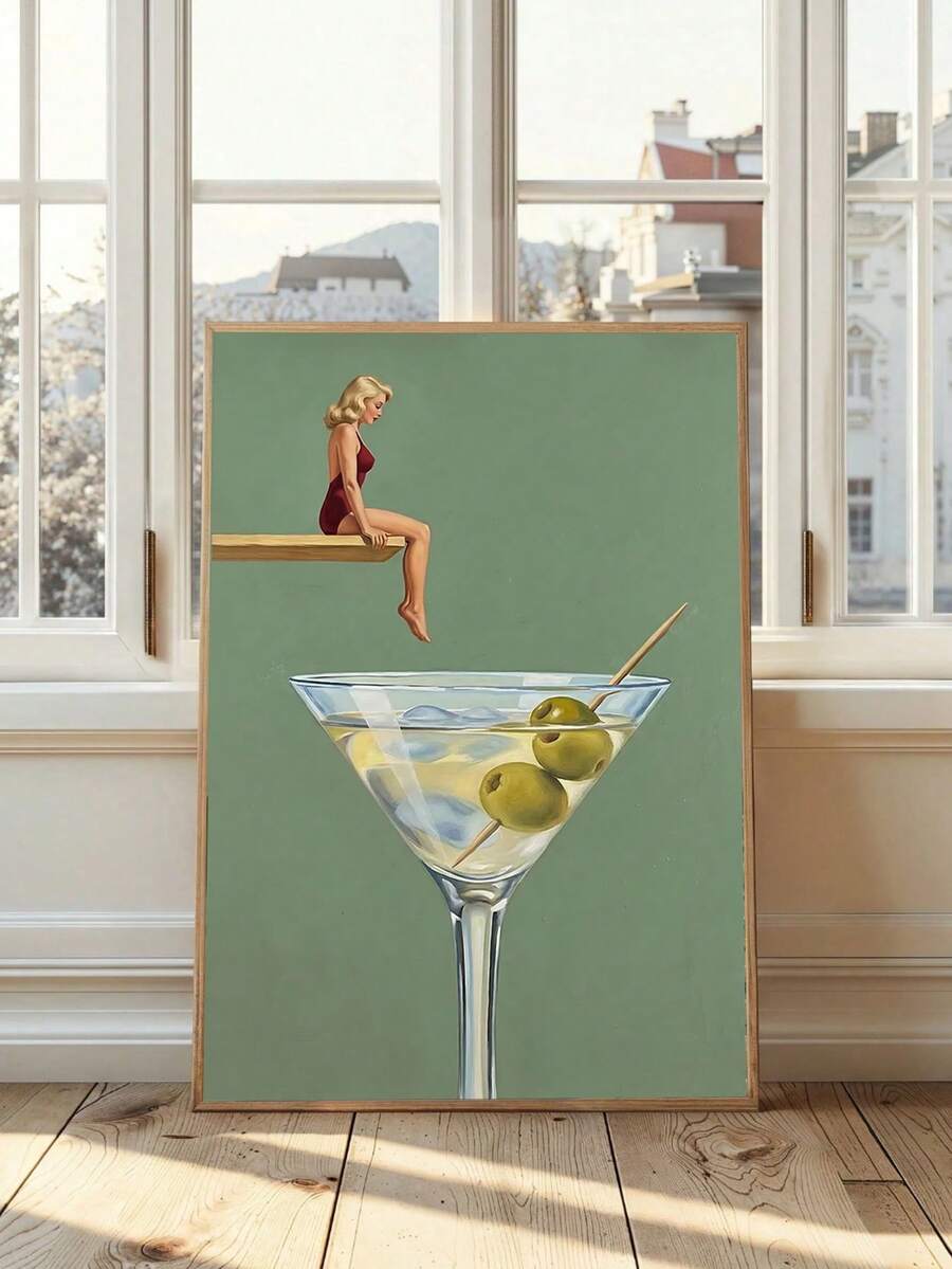 Blonde swimmer in burgundy suit perched above oversized dirty martini glass with green olives