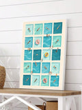 Cream poster with twenty aqua pool scenes, tiny bathers, pink shell and colorful floats