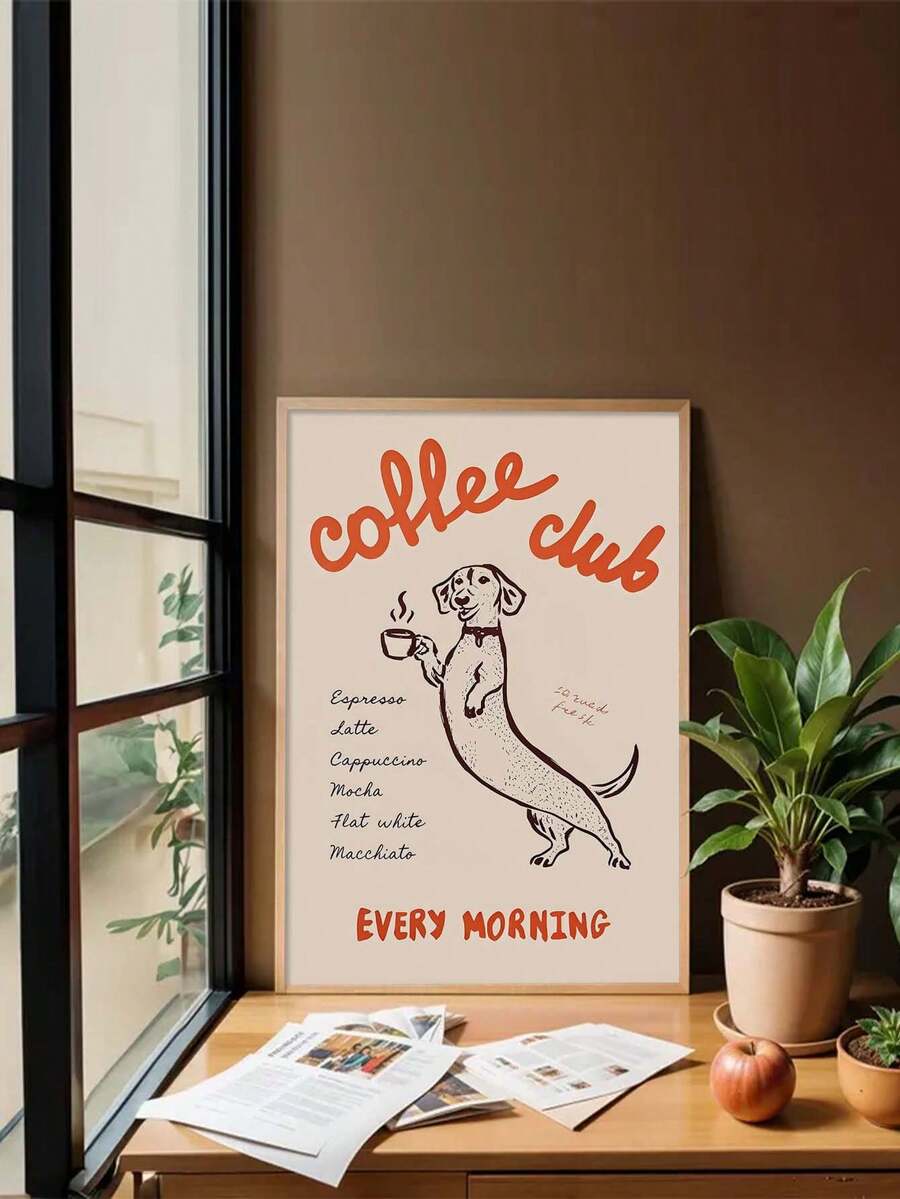 Unframed dachshund coffee club poster in neutral style