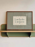 Blue-green striped I see London I see France bathroom quote print on wall shelf