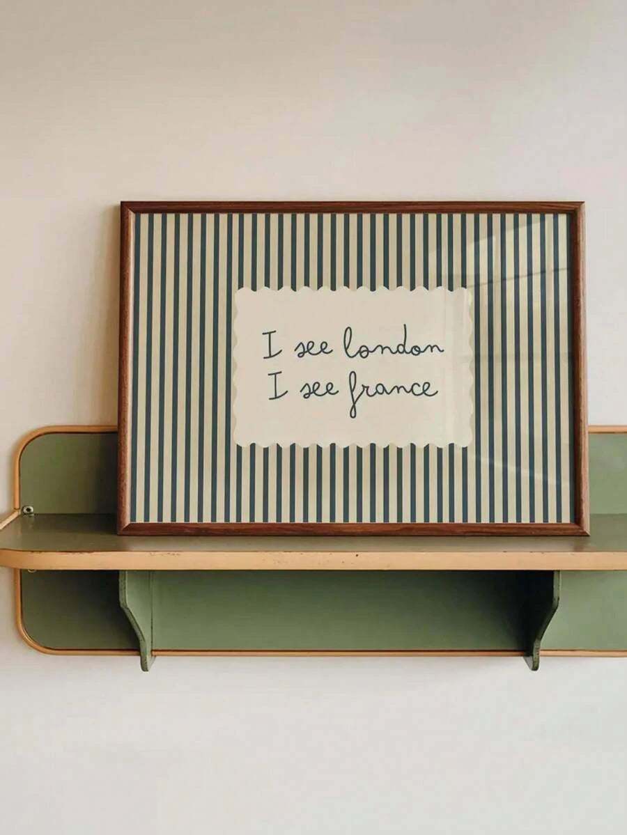Blue-green striped I see London I see France bathroom quote print on wall shelf