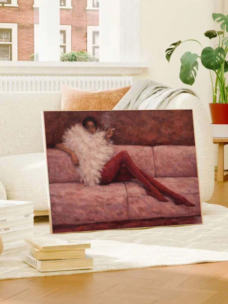 Unframed reclining woman and pink sofa canvas resting on white bench near window