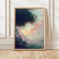 Nature still life poster styled above a dark wood console