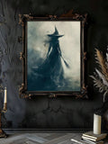 Spectral standing witch portrait on dark textured wall