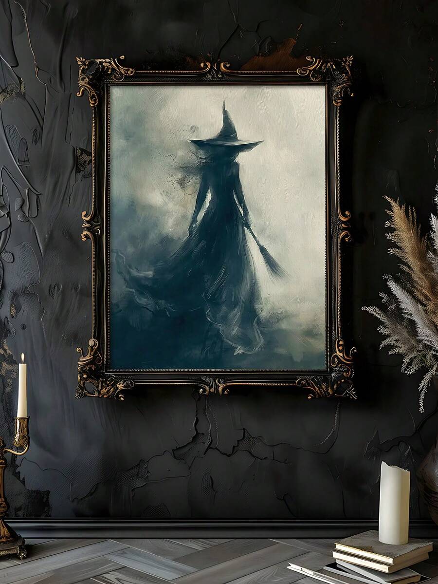 Spectral standing witch portrait on dark textured wall