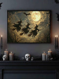Moonlit witch trio canvas above black Halloween fireplace