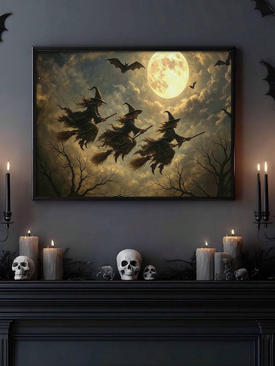 Moonlit witch trio canvas above black Halloween fireplace