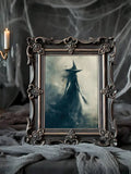 Ghostly broom-holding witch print in ornate silver frame