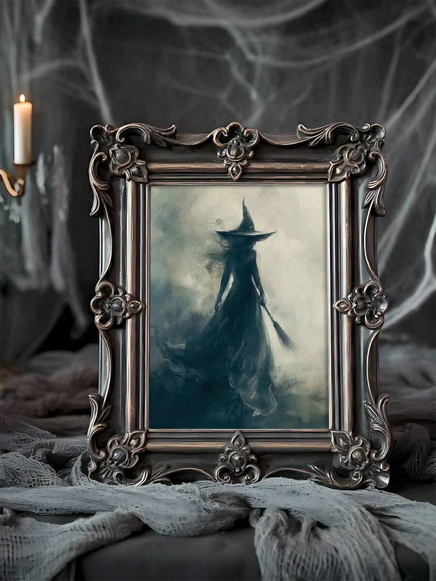 Ghostly broom-holding witch print in ornate silver frame