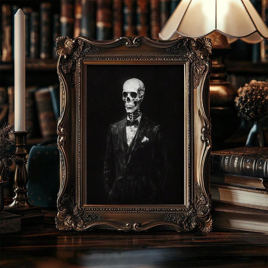 Dark academia skull lovers canvas in frameless display