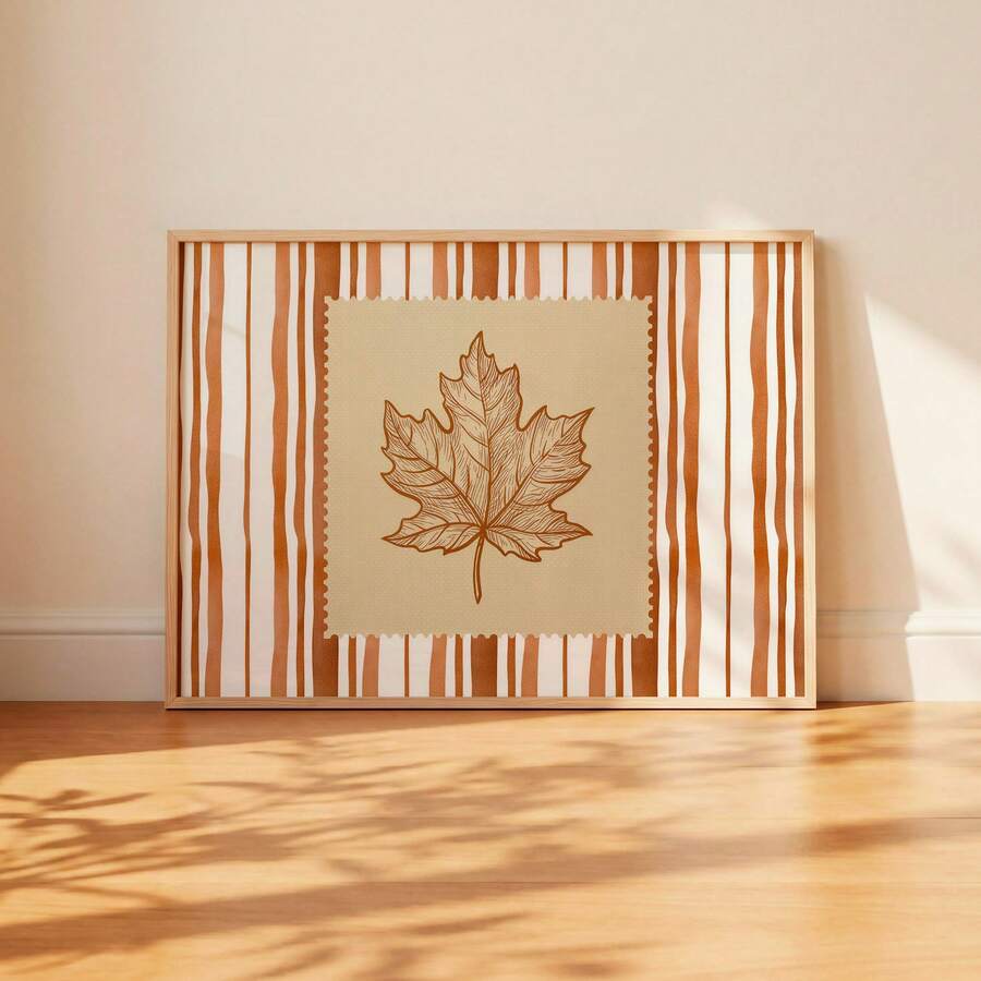 Retro striped botanical leaf artwork in sunlit frame mockup