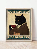 Vintage black cat coffee wall art displayed in a white frame