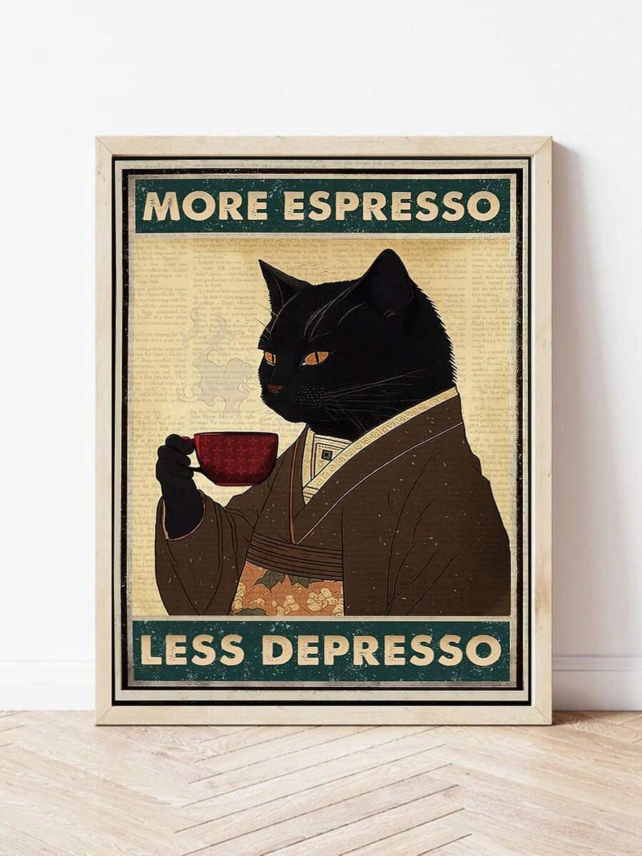 Vintage black cat coffee wall art displayed in a white frame