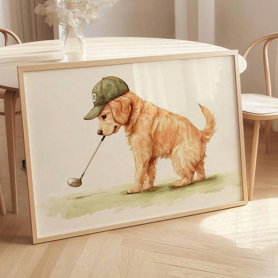 Golfing dog canvas poster displayed in a bright dining room