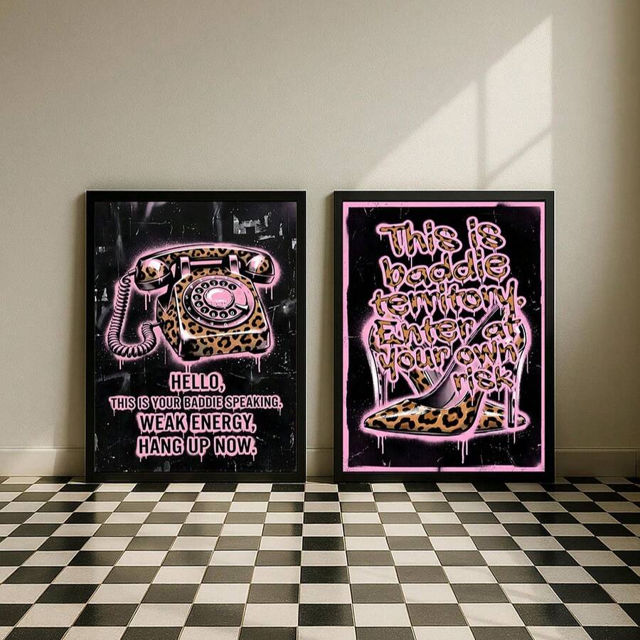 Pink baddie quote wall art shown as an unframed modern room accent