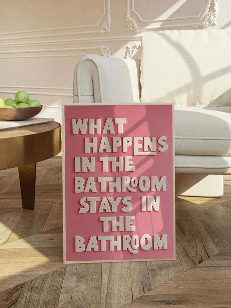 Close-up of humorous text design on the bathroom canvas poster