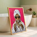 Natural frame leopard turban print leaning beside a modern bathtub