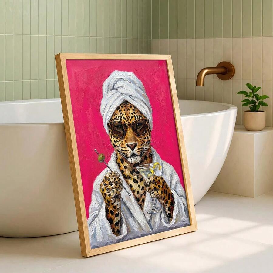 Natural frame leopard turban print leaning beside a modern bathtub