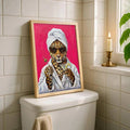 Natural wood framed leopard spa portrait in a tiled bathroom setting