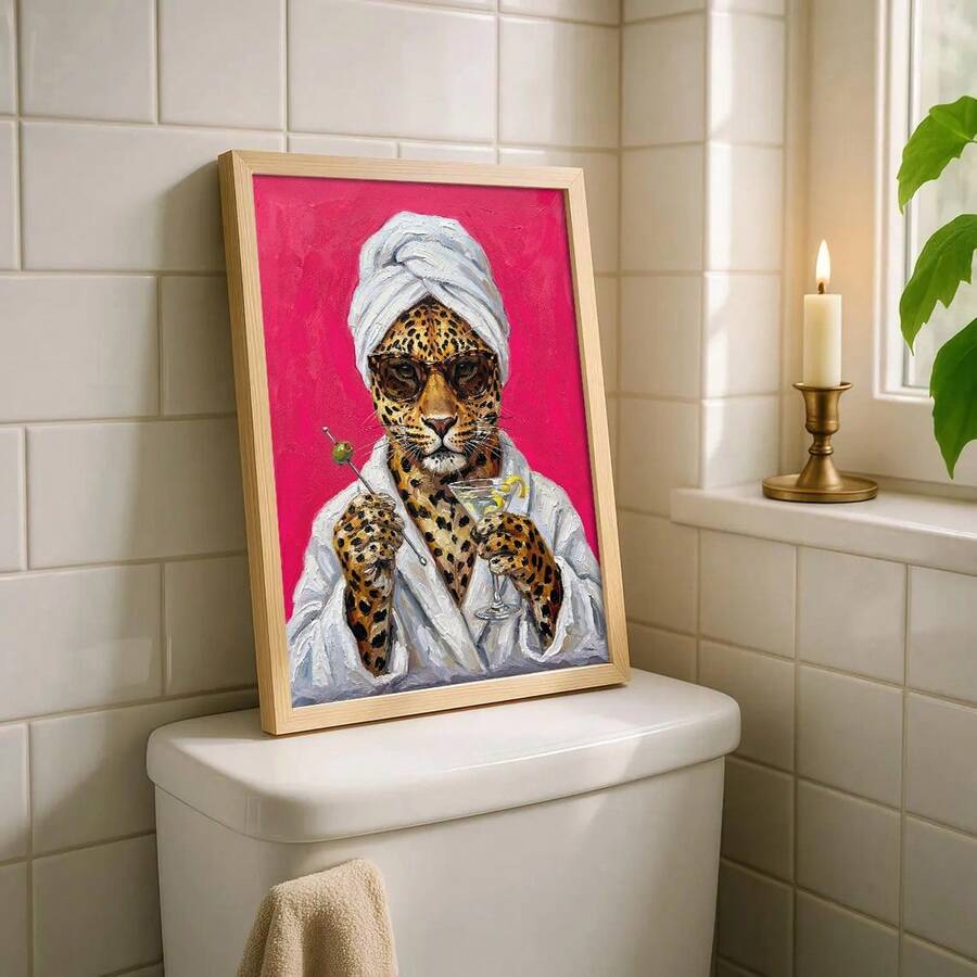 Natural wood framed leopard spa portrait in a tiled bathroom setting