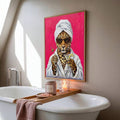 Pink leopard cocktail wall art displayed above a freestanding bathtub