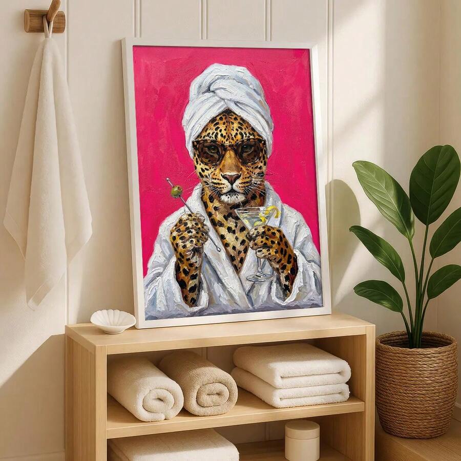 White framed pink leopard pop art with sunglasses robe cocktail and towels