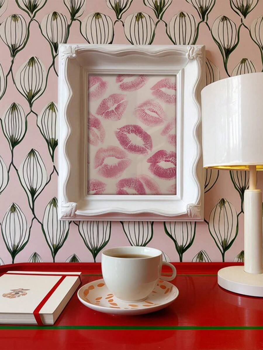 Coquette kiss marks wall art above red vanity desk