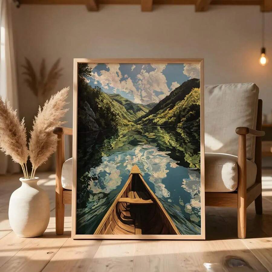 Bring the calm of the mountains indoors with this rustic canvas poster featuring a canoe resting on a reflective lake, surrounded by a forested valley and soft clouds. Its painterly, nature-inspired scene creates a peaceful focal point with a cabin-inspired feel.