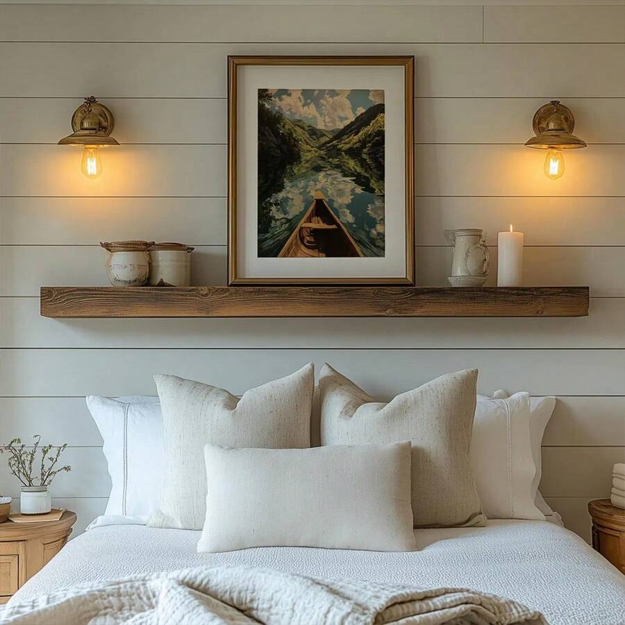 Rustic Appalachian River Canoe Mountain Lake Vintage Pastoral Canvas Poster