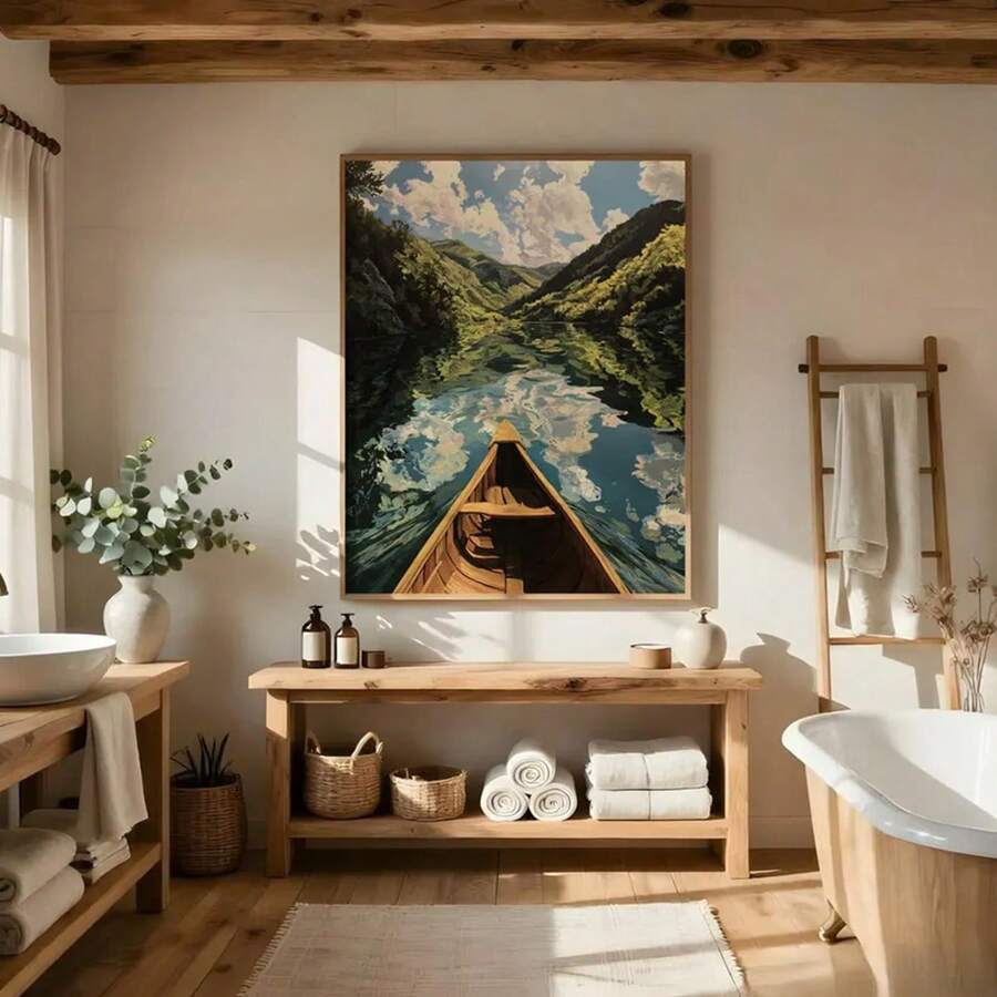 Rustic Appalachian River Canoe Mountain Lake Vintage Pastoral Canvas Poster