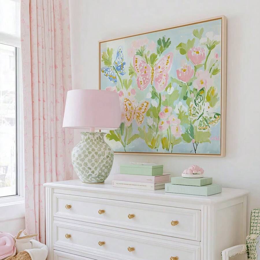 Bright floral butterfly wall art in grandmillennial preppy style