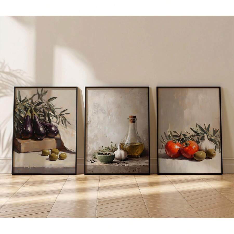 Three Mediterranean vegetable still life prints in natural look frames