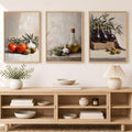 Mediterranean food wall art set above warm minimalist console