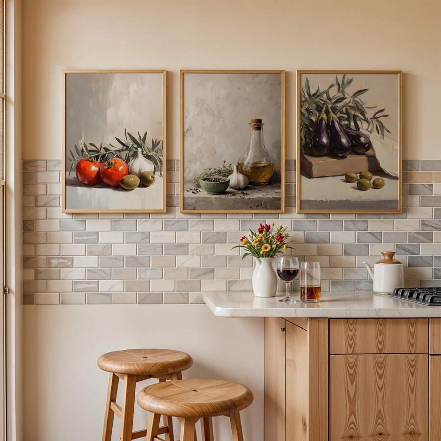 Tomato olive oil and eggplant canvas set styled in kitchen