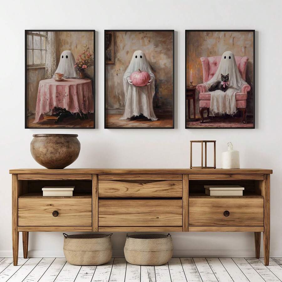 Vintage ghost canvas set above rustic wood sideboard