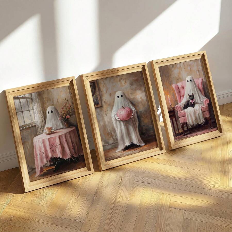 Natural wood framed ghost triptych leaning on sunlit floor