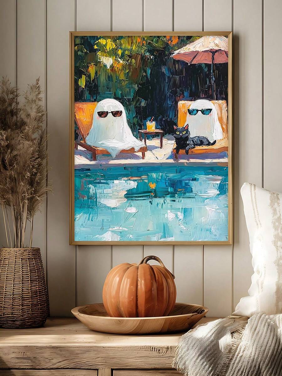 Framed spooky cute pool party poster in playful cartoon style