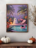 Whimsical Halloween wall art with ghost and black cat