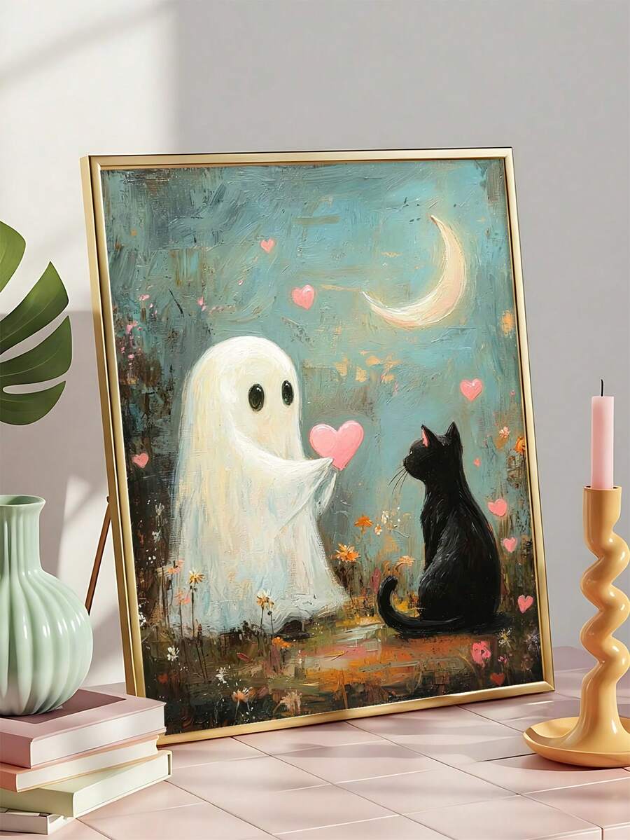 Ghost and cat canvas print displayed in colorful room decor