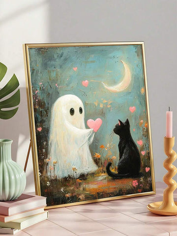 Ghost and cat canvas print displayed in colorful room decor