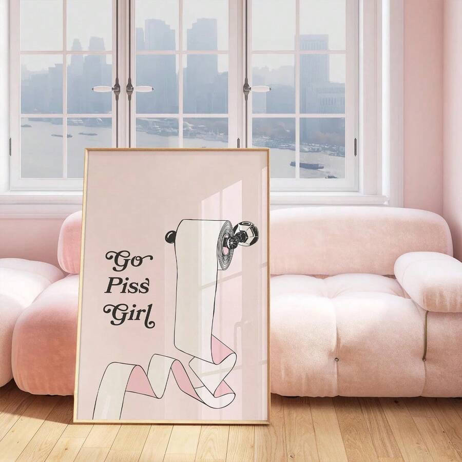 Go Piss Girl toilet paper artwork in slim gold frame