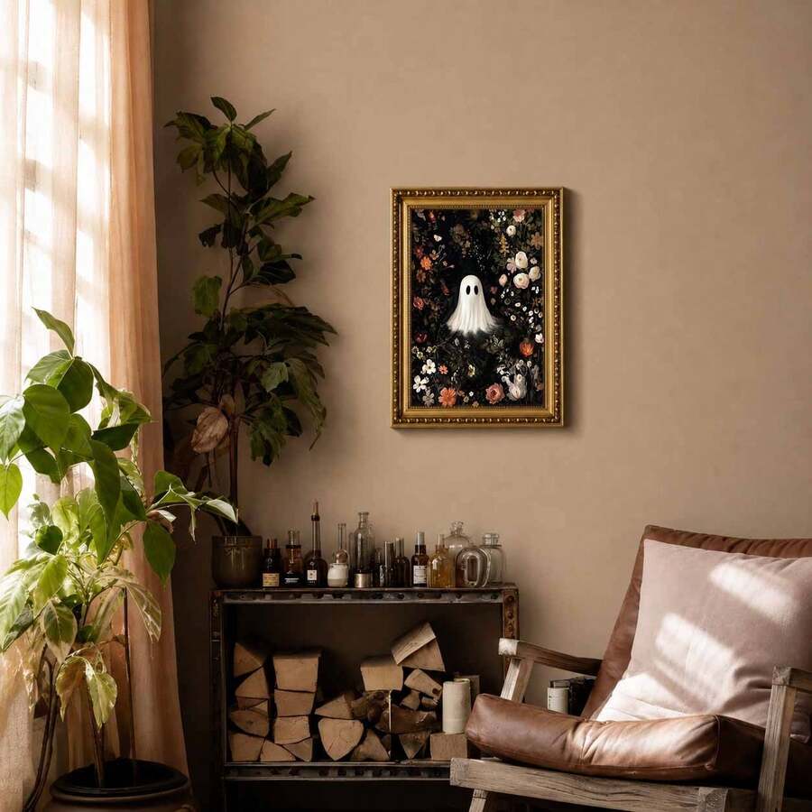 Cute white ghost among dark flowers and butterflies on canvas
