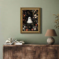 Ornate gold framed ghost garden artwork above rustic sideboard