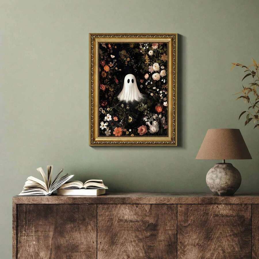 Ornate gold framed ghost garden artwork above rustic sideboard