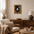 Small botanical ghost print above neutral wood console