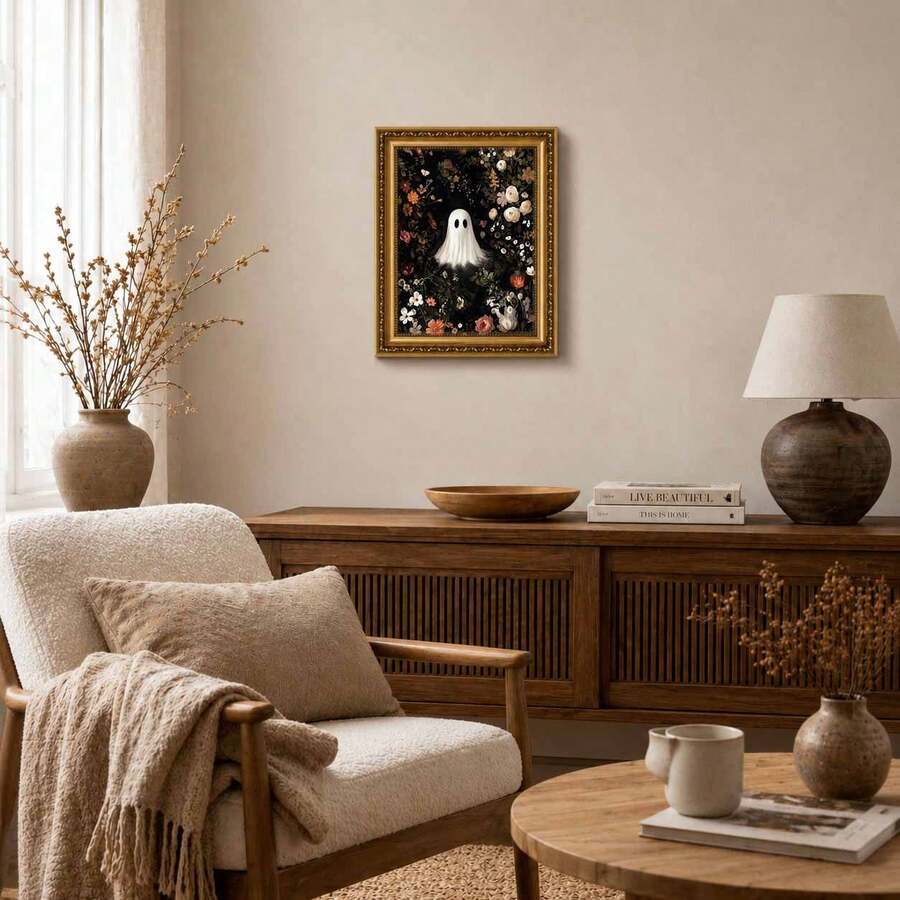 Small botanical ghost print above neutral wood console