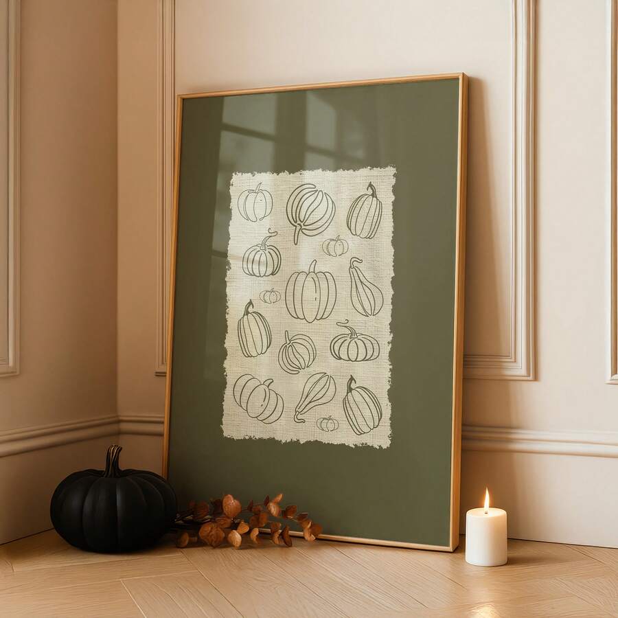 Pumpkin Fall Theme Rustic Line Art Olive Green Minimalist Canvas Poster 
