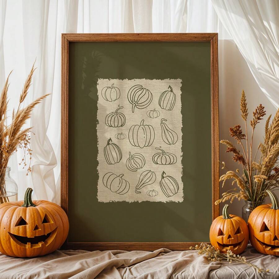 Pumpkin Fall Theme Rustic Line Art Olive Green Minimalist Canvas Poster 