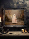 Ghost candle artwork in an ornate charcoal frame with candles in a gothic setting