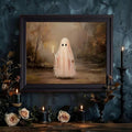 Dark framed ghost painting above black candles and pale roses on a blue wall